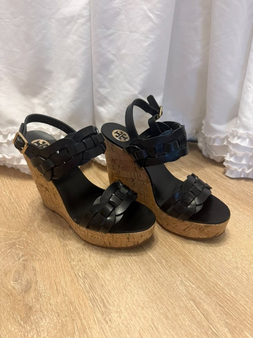 Tory Burch Black Leather Wedge Sandals Cork Heels 7.5 M